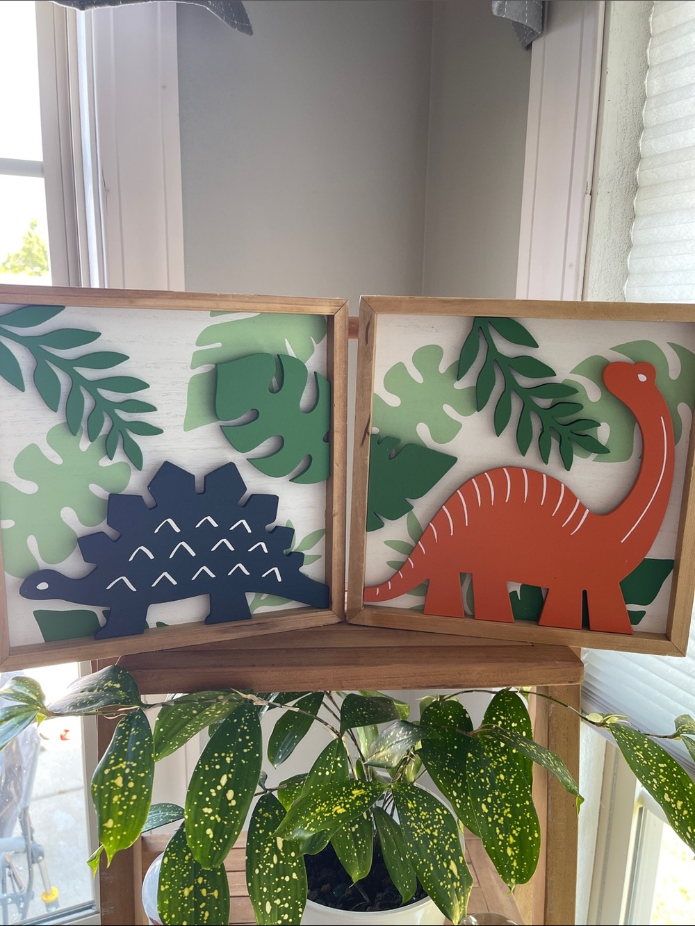 Wooden Green and Orange Dinosaur Wall Art Set of 2